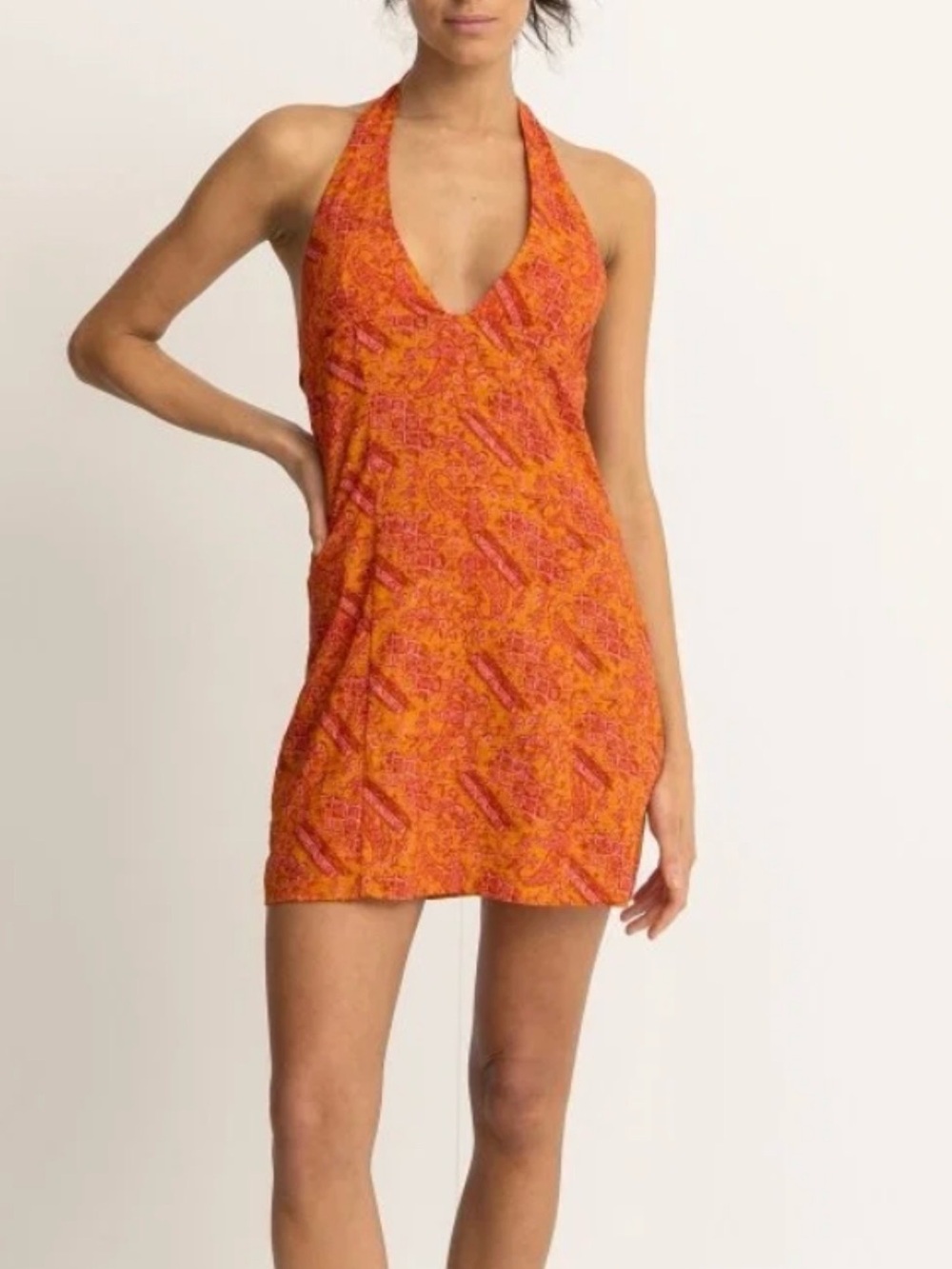 Rhythm Pink and Orange Halter Mini Dress Adia Paisley Halter Sz M medium